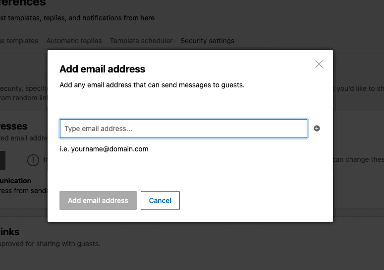 Add email address dialog with an empty email field and confirmation button.