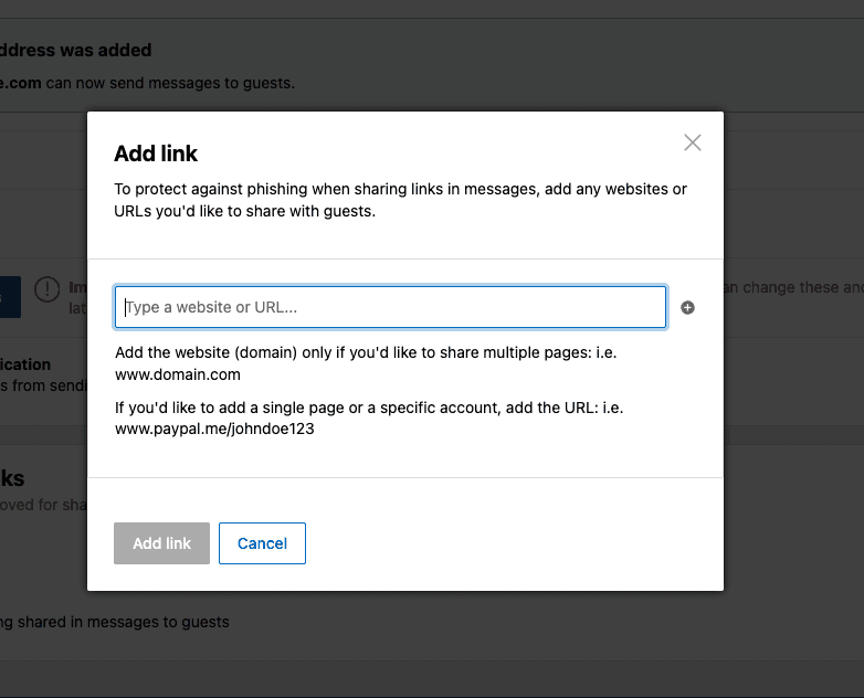 Add link dialog explaining domain approval for multiple pages or URL approval for a single page.