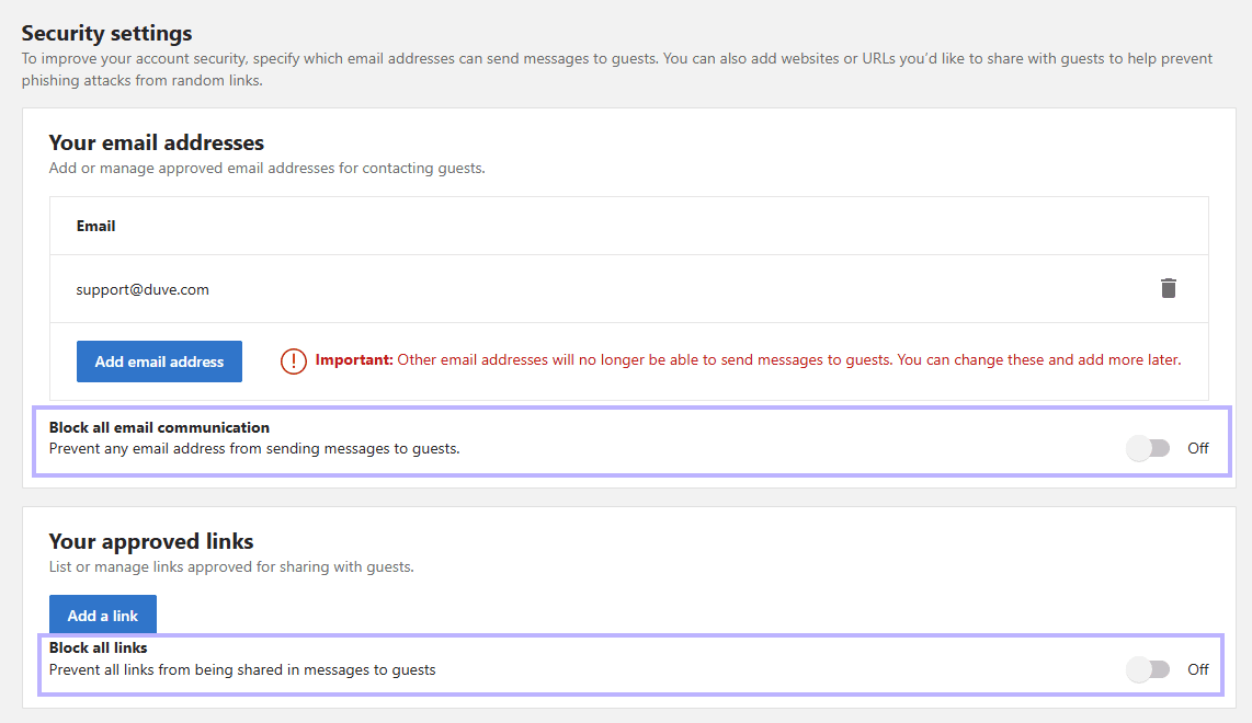 Block all email communication and Block all links switches both set to Off.