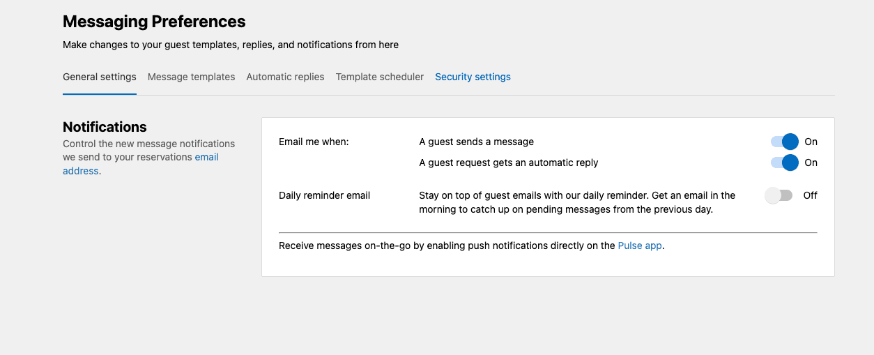Messaging Preferences page with the Security settings tab.