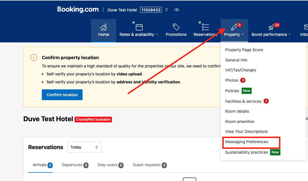 Booking.com Property menu with Messaging Preferences highlighted.