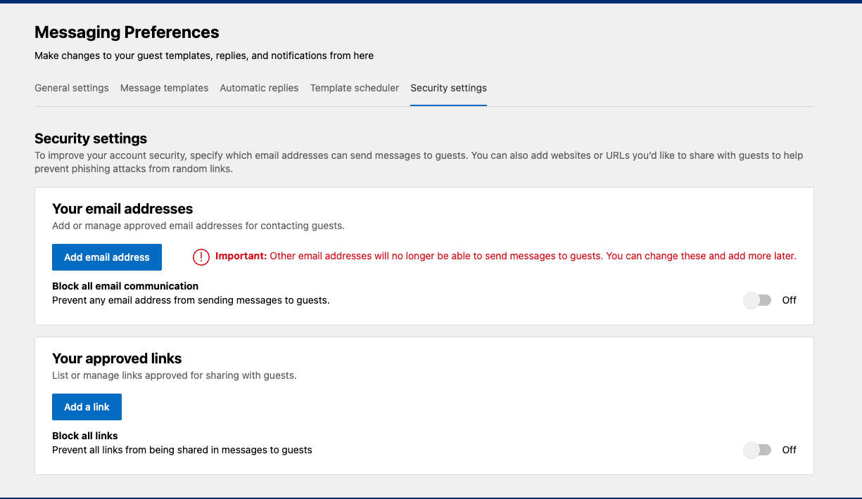 Security settings with Your email addresses, Your approved links, and blocking switches.