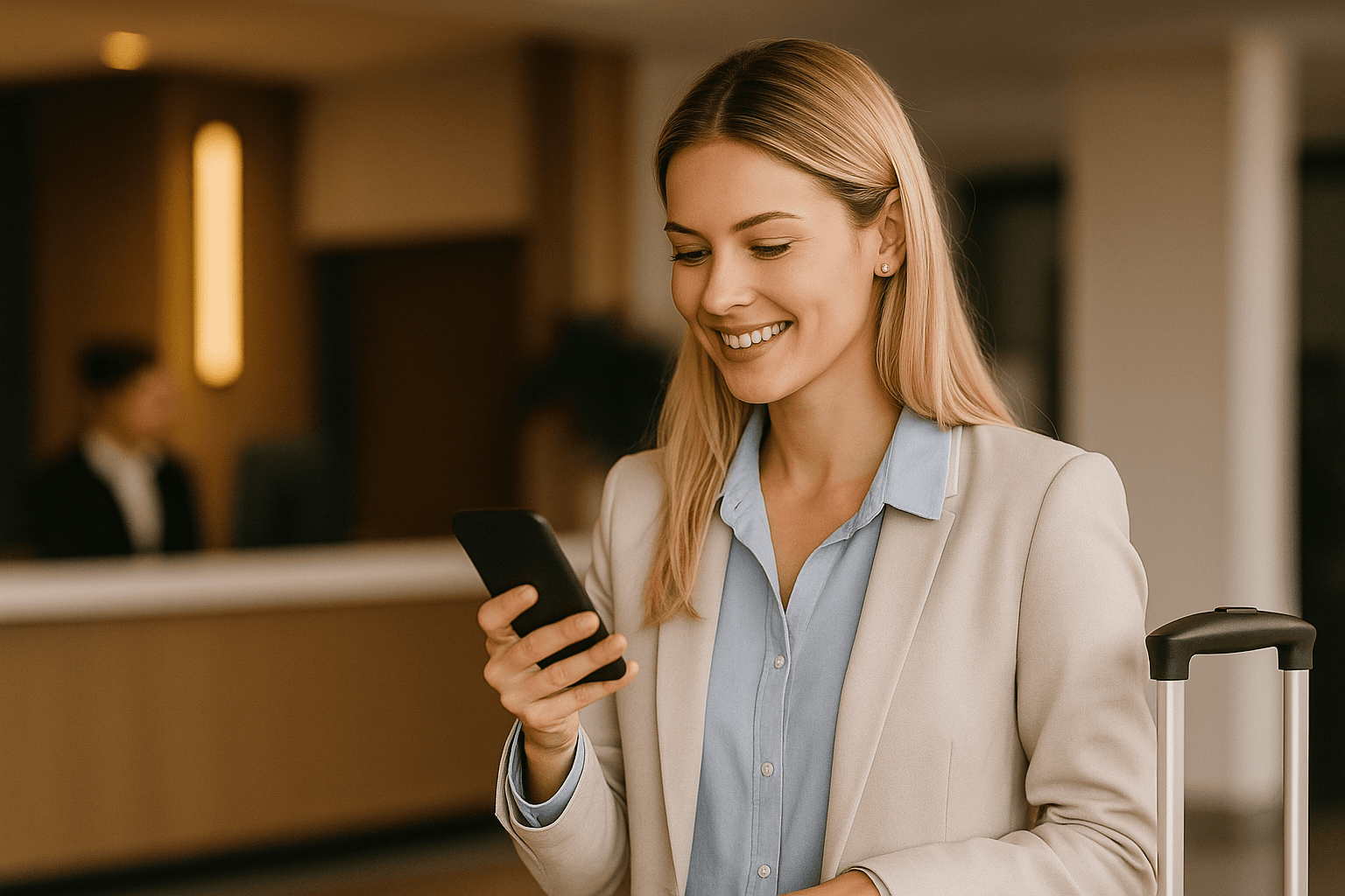 Guests smiling while using a phone for contactless services