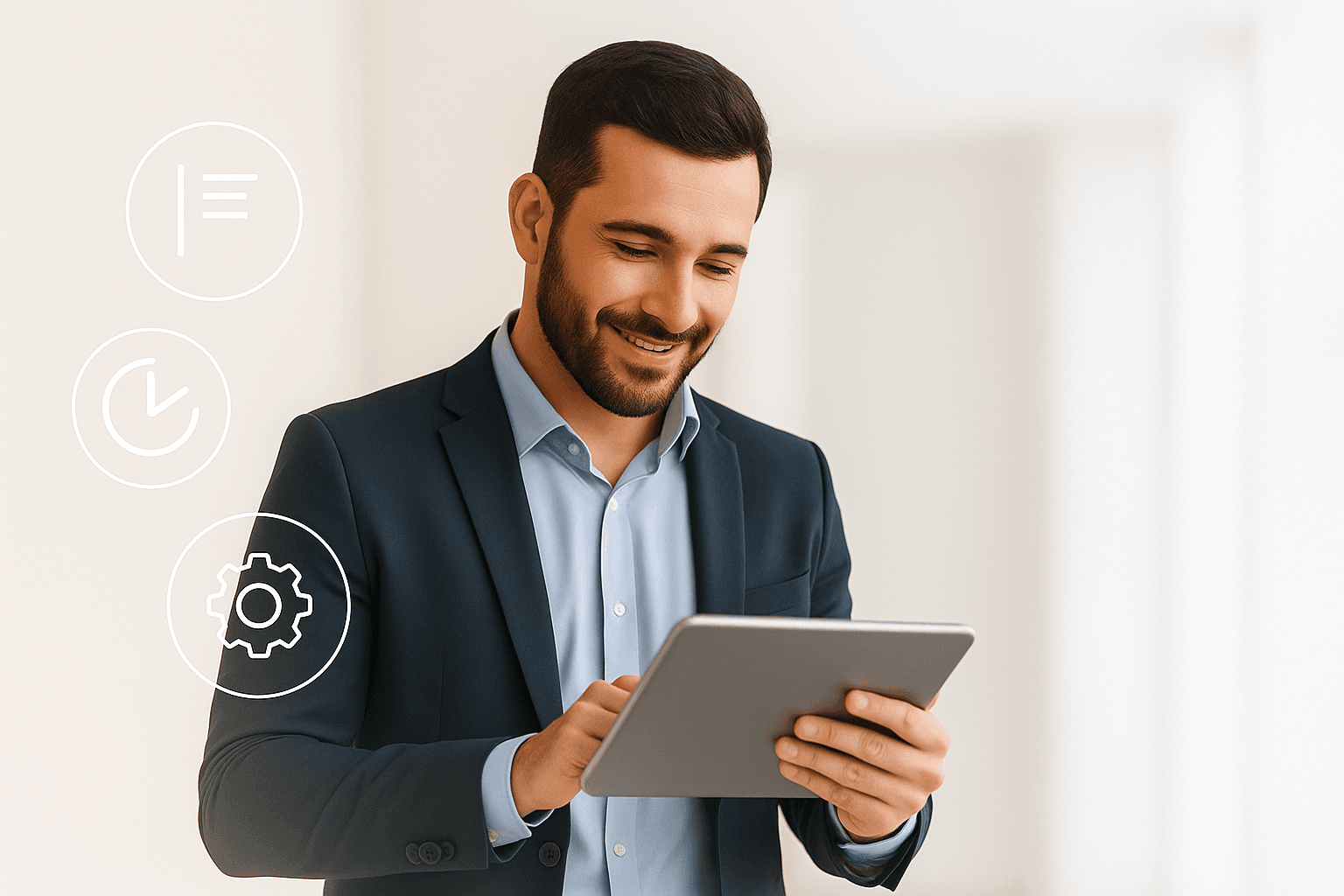 Hotel manager reviewing time-saving workflows on a tablet